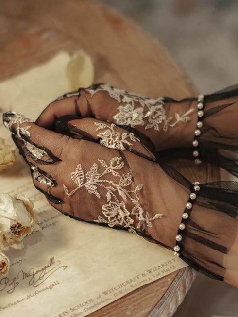 Gothic Black Lace Embroidered Bridal Gloves – Short Sheer Wedding Gloves with Pearl Accents